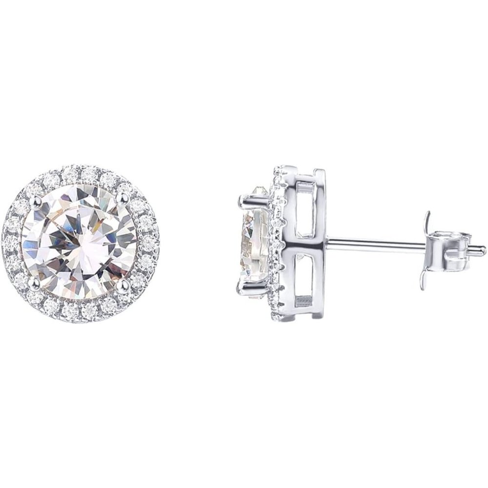 14K Gold Plated Sterling Silver Post Brilliant Round Faux Diamond Halo Earrings